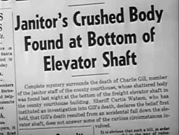 Screen capture from the movie Shoot to Kill, a newspaper article, Janitor’s crushed body found at bottom of elevator shaft