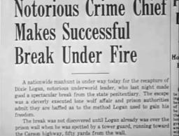 Screen capture from the movie Shoot to Kill, a newspaper article, Notorious crime chief makes successful break under fire