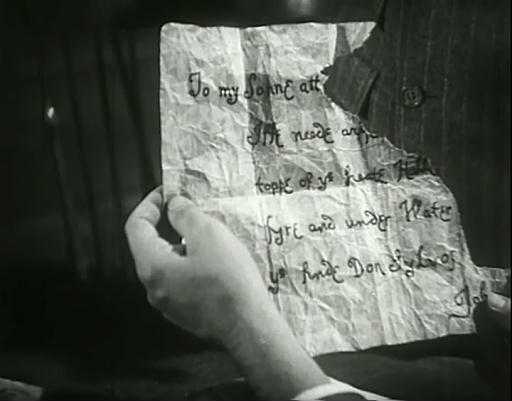 Capture from The House of Secrets (Roland D. Reed, 1936): Barry Wilding’s (Leslie Fenton) Half of the Treasure Map
