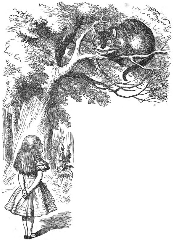 John Tenniel illustration from the chapter “Pig and Pepper,” from Lewis Carrol’s novel Alice’s Adventures in Wonderland: Alice looking up at the Cheshire cat