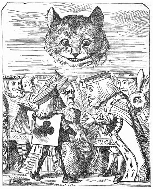 John Tenniel illustration from the chapter “The Queen’s Croquet-Ground,” from Lewis Carrol’s novel Alice’s Adventures in Wonderland: The Cheshire Cat's head floating in air; and the King, Queen, and Executioner Arguing