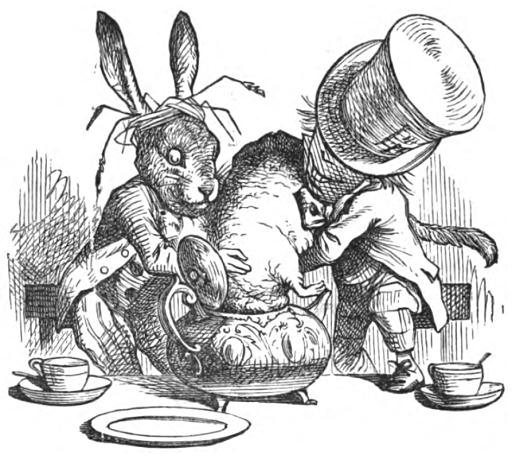 John Tenniel illustration from the chapter “A Mad Tea-Party,” from Lewis Carrol’s novel Alice’s Adventures in Wonderland: The hatter and March Hare trying to put the Doormouse into the teapot