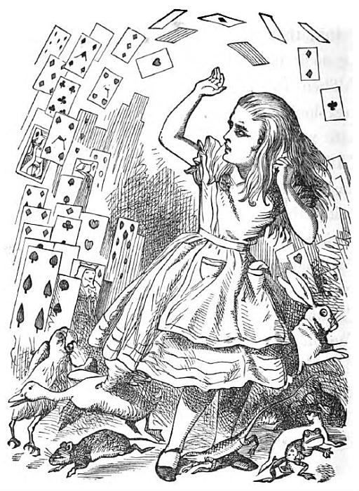 John Tenniel illustration from the chapter “Alice’s Evidence,” from Lewis Carrol’s novel Alice’s Adventures in Wonderland: Alice and the Pack of Cards