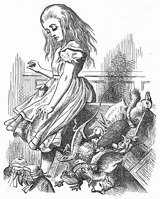John Tenniel illustration from the chapter “Alice’s Evidence,” from Lewis Carrol’s novel Alice’s Adventures in Wonderland: Alice Upsets the Jury-Box